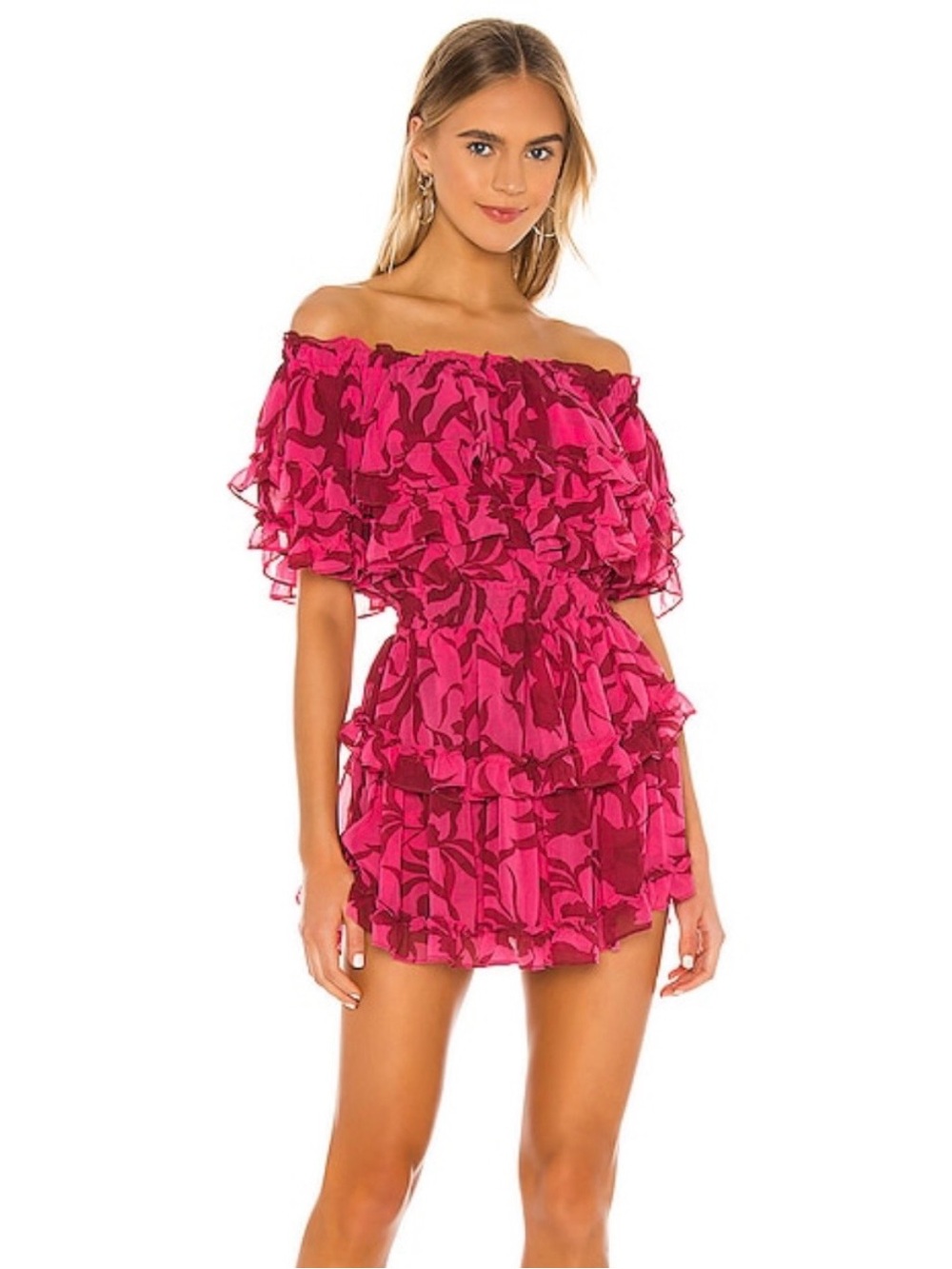 Misa Los Angeles Off-Shoulder Tiered Ruffle Mini Dress in Bright Fuchsia